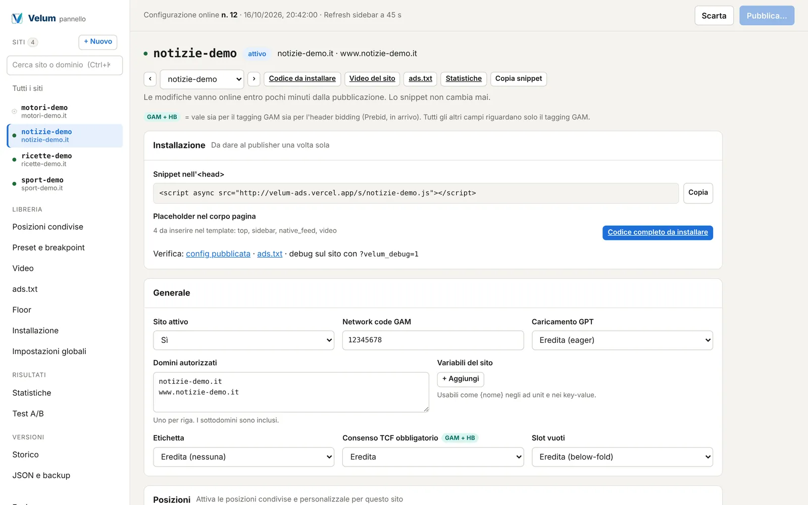 Velum, configurazione: La scheda del sito: snippet da installare, network GAM, domini, consenso e posizioni.